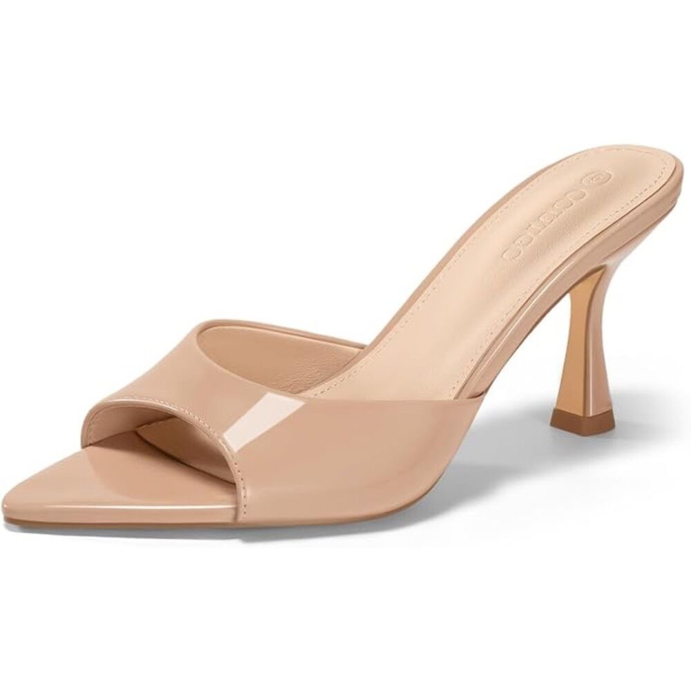 Coutgo Nude Patent Pointed Open Toe Slip On Kitten Heels
